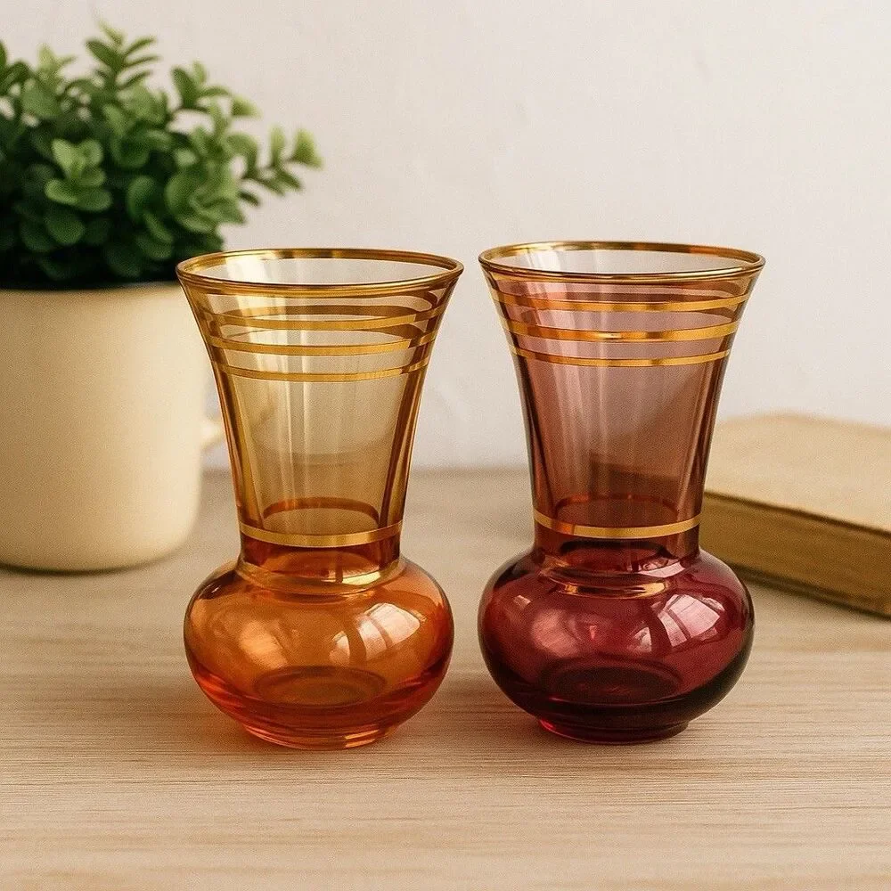 Pair Of Vintage Aperitif Luster Glass Vases Amber & Cranberry with Gold Trim MCM